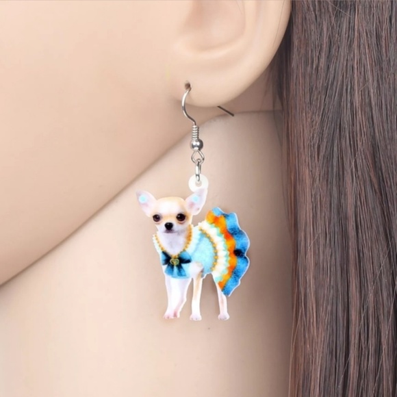 Acrylic Blue Dress Chihuahua Dog Earrings - Picture 2 of 5